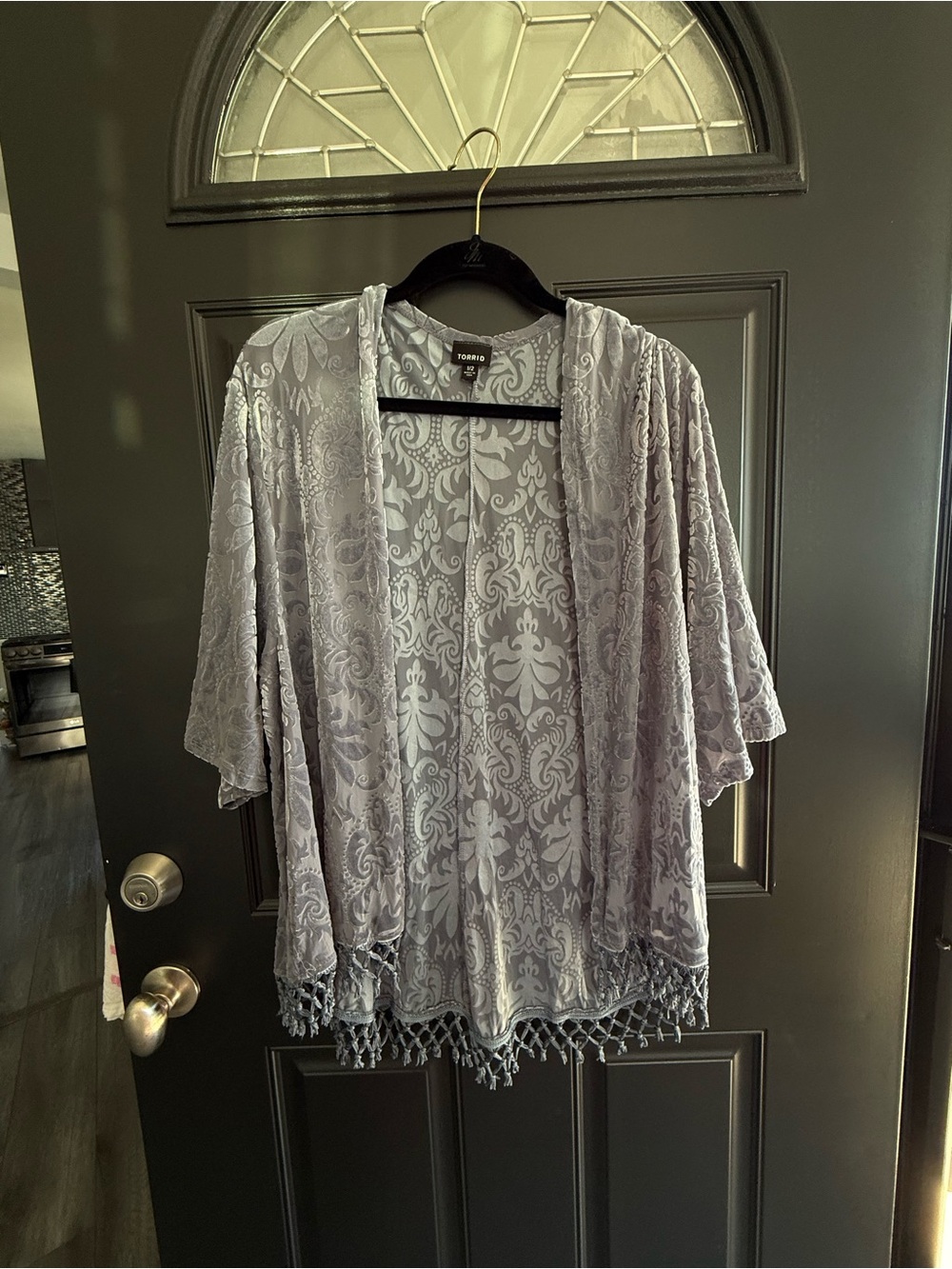 torrid Light Lavender Floral Lace Kimono with Tassel Trim